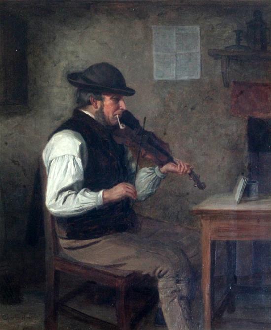 Charles Hunt (1803-1877) Interior with fiddler smoking a clay pipe 14 x 12in.